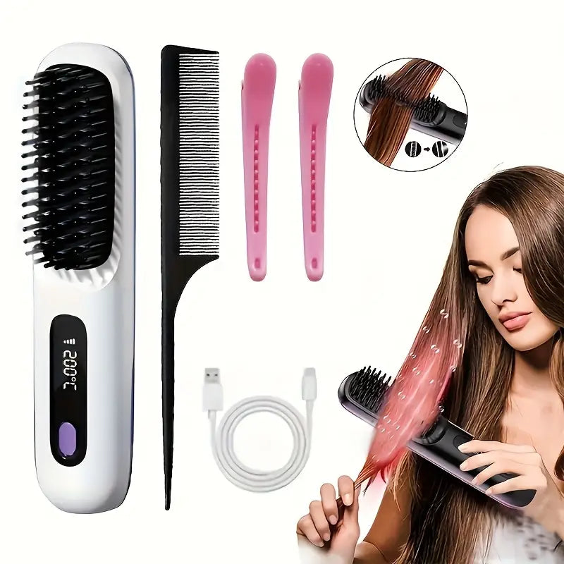 Portable Wireless Hair comb & straightener (White)